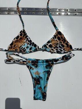 Handmade Teddieswim Leopard & Aqua Triangle String Bikini